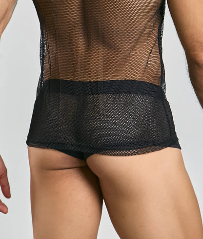 Black mesh MOB fishnet tanktop with solid black waistband showcasing breathable fishnet material