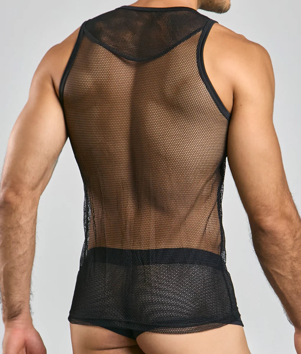 Black mesh tank top mob fishnet tanktop with sheer breathable fabric and reinforced trim on neckline and waistband