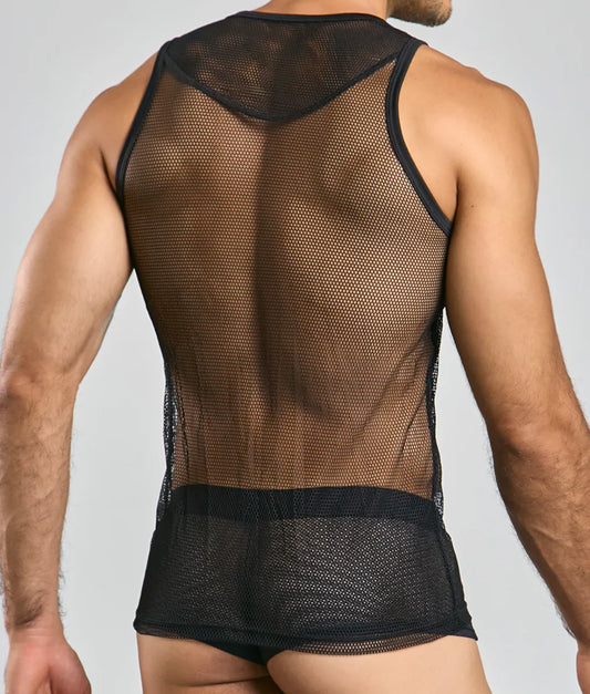 Black mesh tank top mob fishnet tanktop with sheer breathable fabric and reinforced trim on neckline and waistband