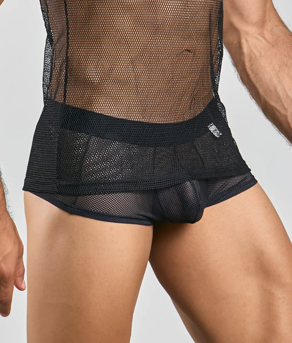 Black mesh briefs with solid black waistband and subtle ruching detail complementing mob fishnet tanktop style