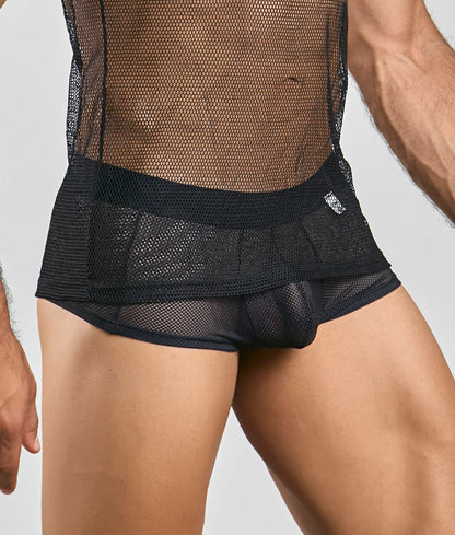 Black mesh briefs with solid black waistband and subtle ruching detail complementing mob fishnet tanktop style