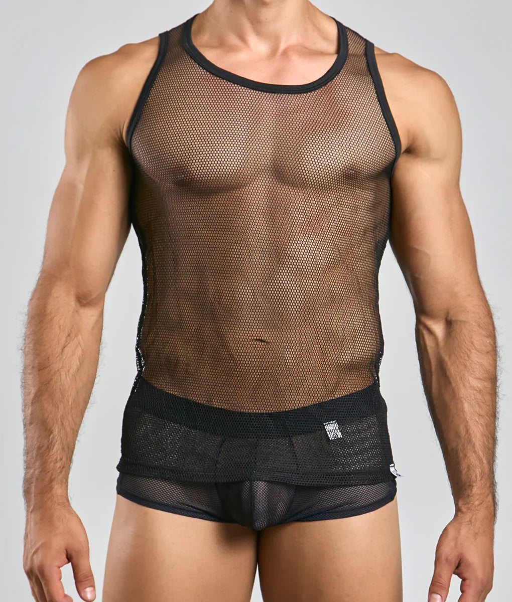 Black mesh tank top mob fishnet tanktop with round neckline and reinforced black trim along edges