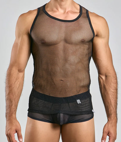 Black mesh tank top mob fishnet tanktop with round neckline and reinforced black trim along edges