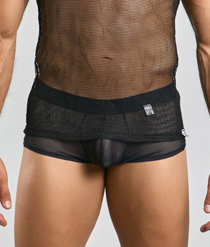 Black mesh briefs with solid black waistband and subtle branding tag complementing the mob fishnet tanktop design