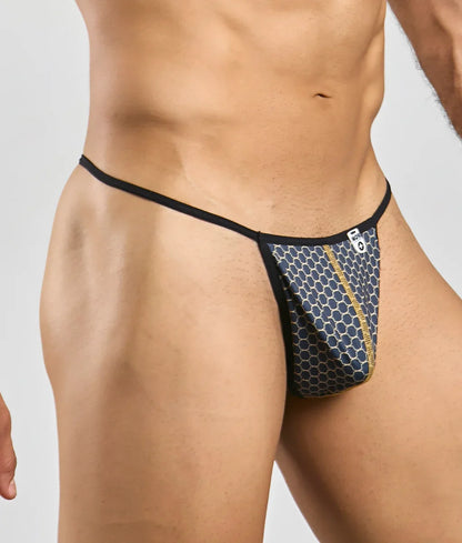Black and navy blue honeycomb-patterned mob hipster t thong with gold trim shown from the back side