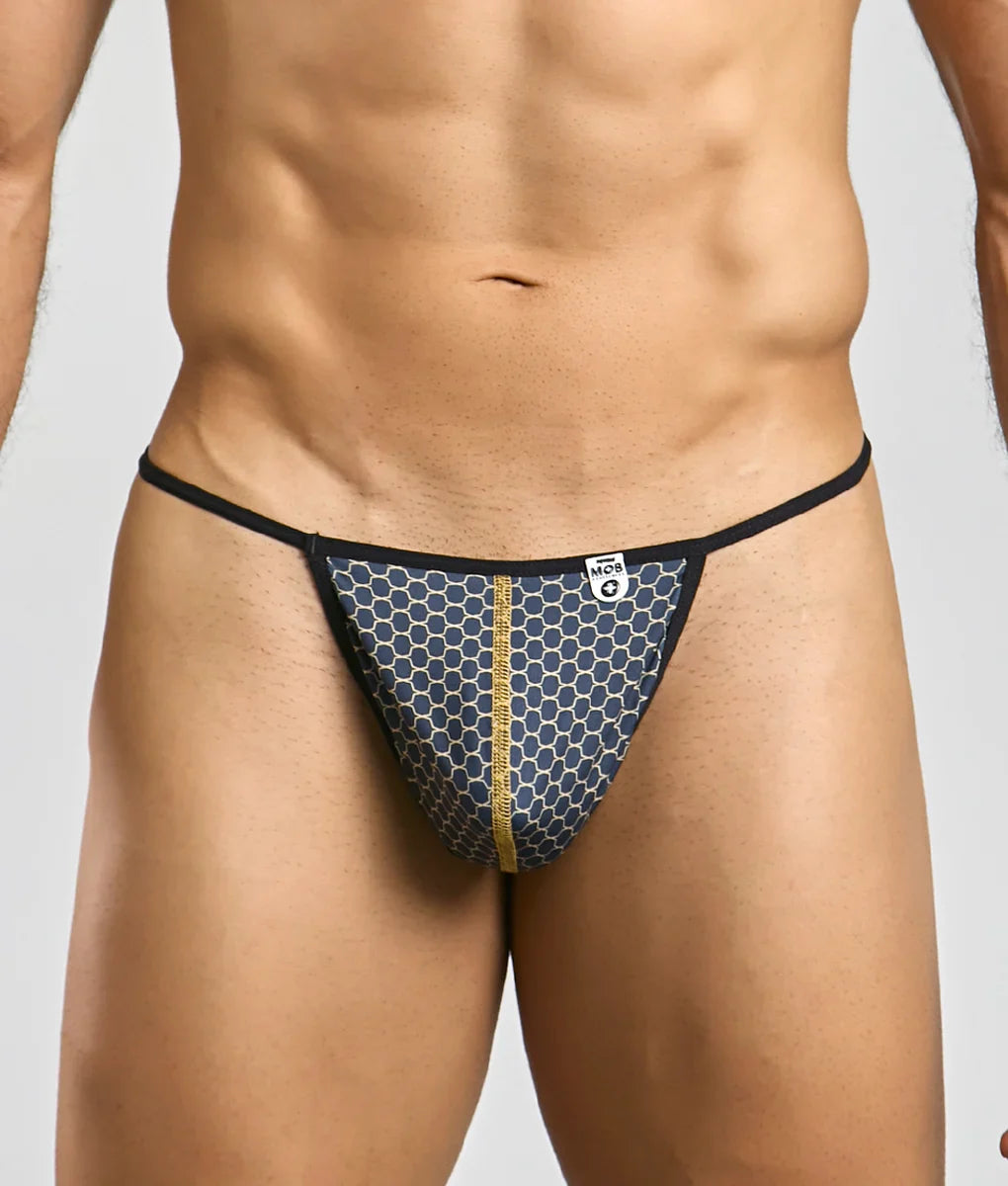 Navy blue honeycomb patterned mob hipster t thong with black trim and gold zipper detail front view