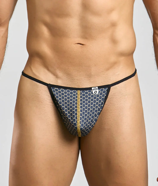 Navy blue honeycomb patterned mob hipster t thong with black trim and gold zipper detail front view