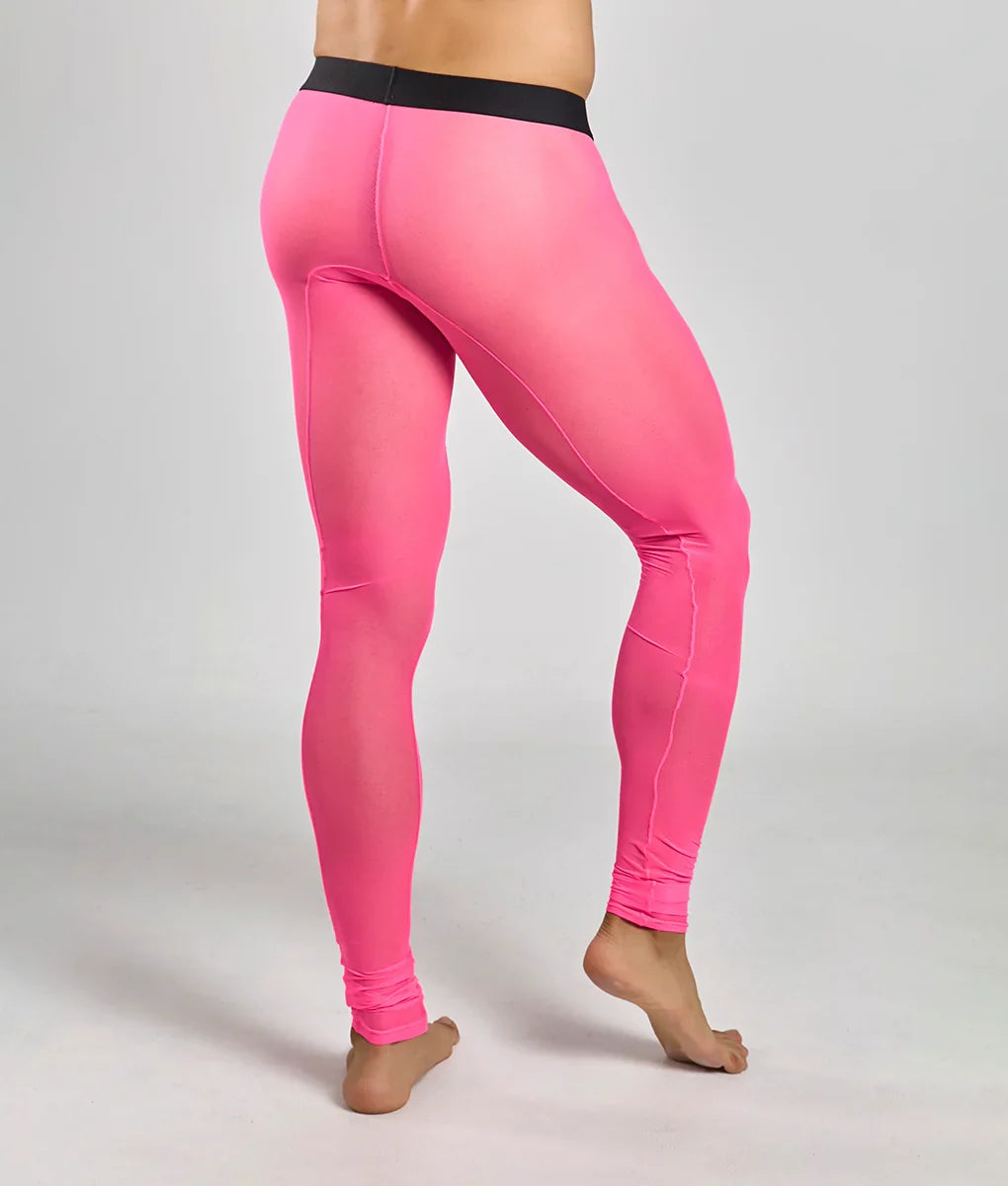 Bright pink form-fitting mob mesh tights with a black waistband showcasing breathable mesh fabric