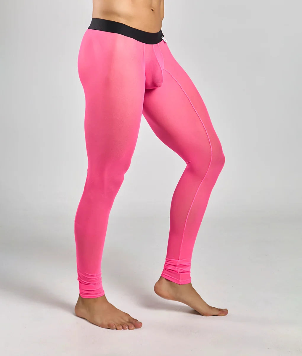 Bright pink sheer mesh leggings with black elastic waistband from mob mesh tights collection