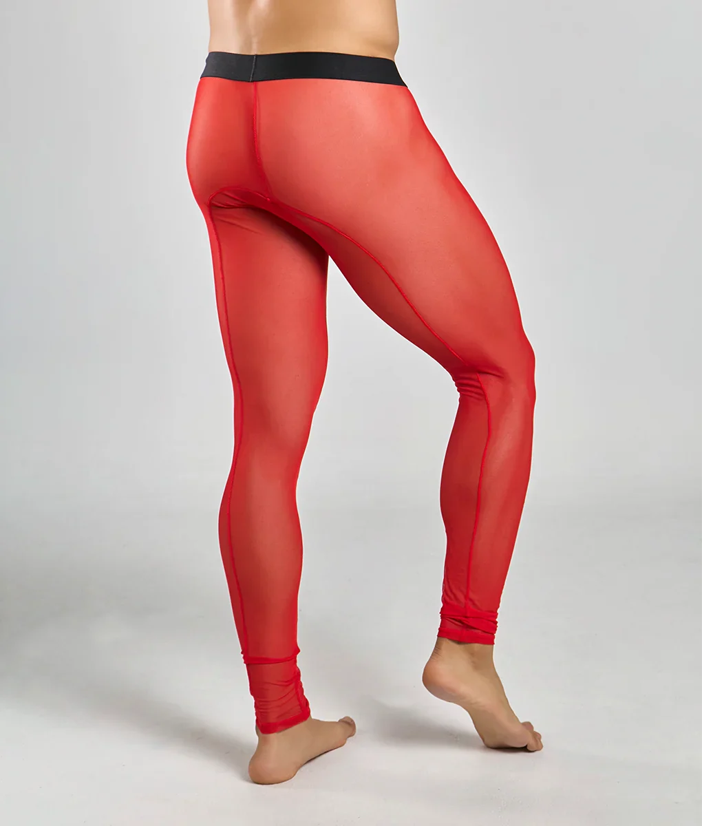 Red sheer mesh leggings with a black waistband from mob mesh tights highlighting breathable material and style