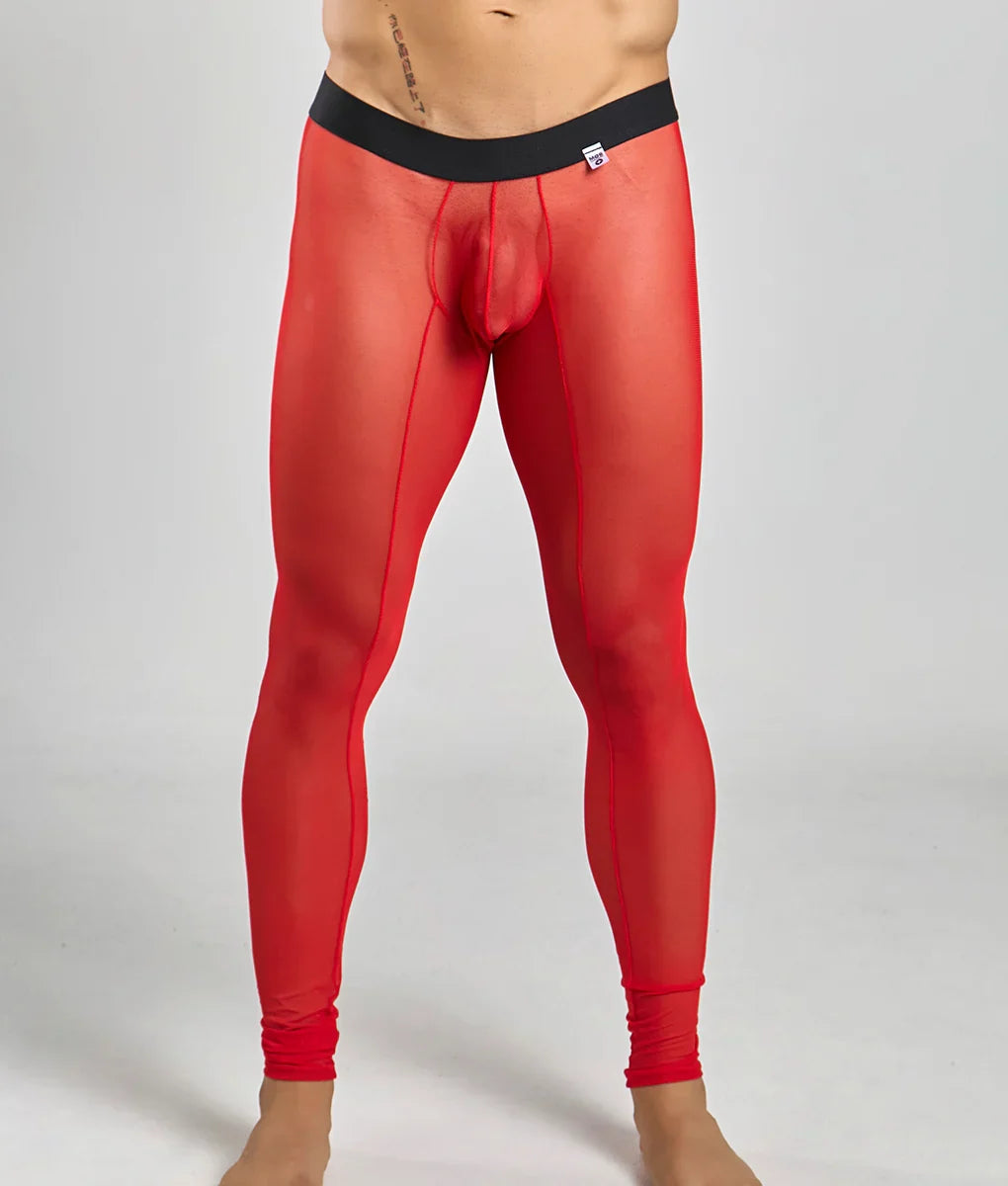 Red sheer mesh men’s leggings with black waistband from MOB mesh tights featuring breathable lightweight fabric