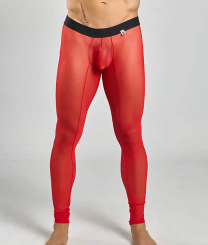 Red sheer mesh men’s leggings with black waistband from MOB mesh tights featuring breathable lightweight fabric