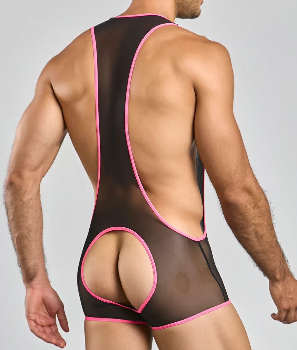 Back view of mob singlet black sheer wrestling singlet with vibrant pink trim and circular cutout design