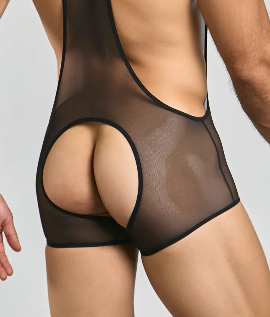 Back side of black sheer mesh mob singlet bodysuit with a cutout highlighting breathable lightweight design