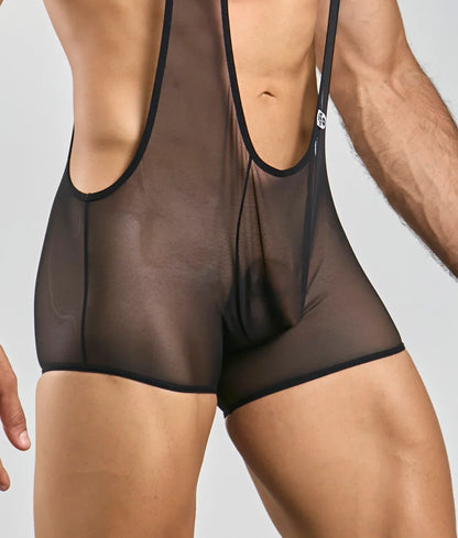 Mob singlet black sheer mesh wrestling singlet with black trim and small logo on the strap visible on front side