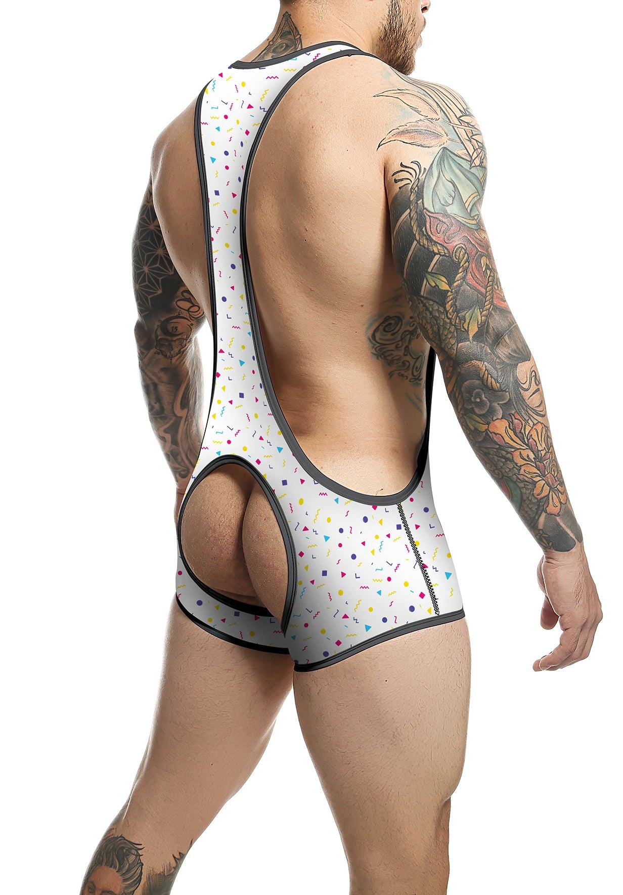 White MOB singlet wrestling uniform with colorful confetti pattern and black trim for sports and competition