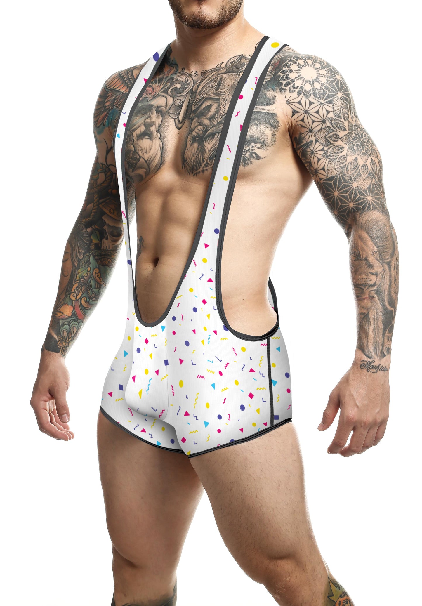 White men’s wrestling singlet mob singlet with colorful confetti pattern and black trim for sports use