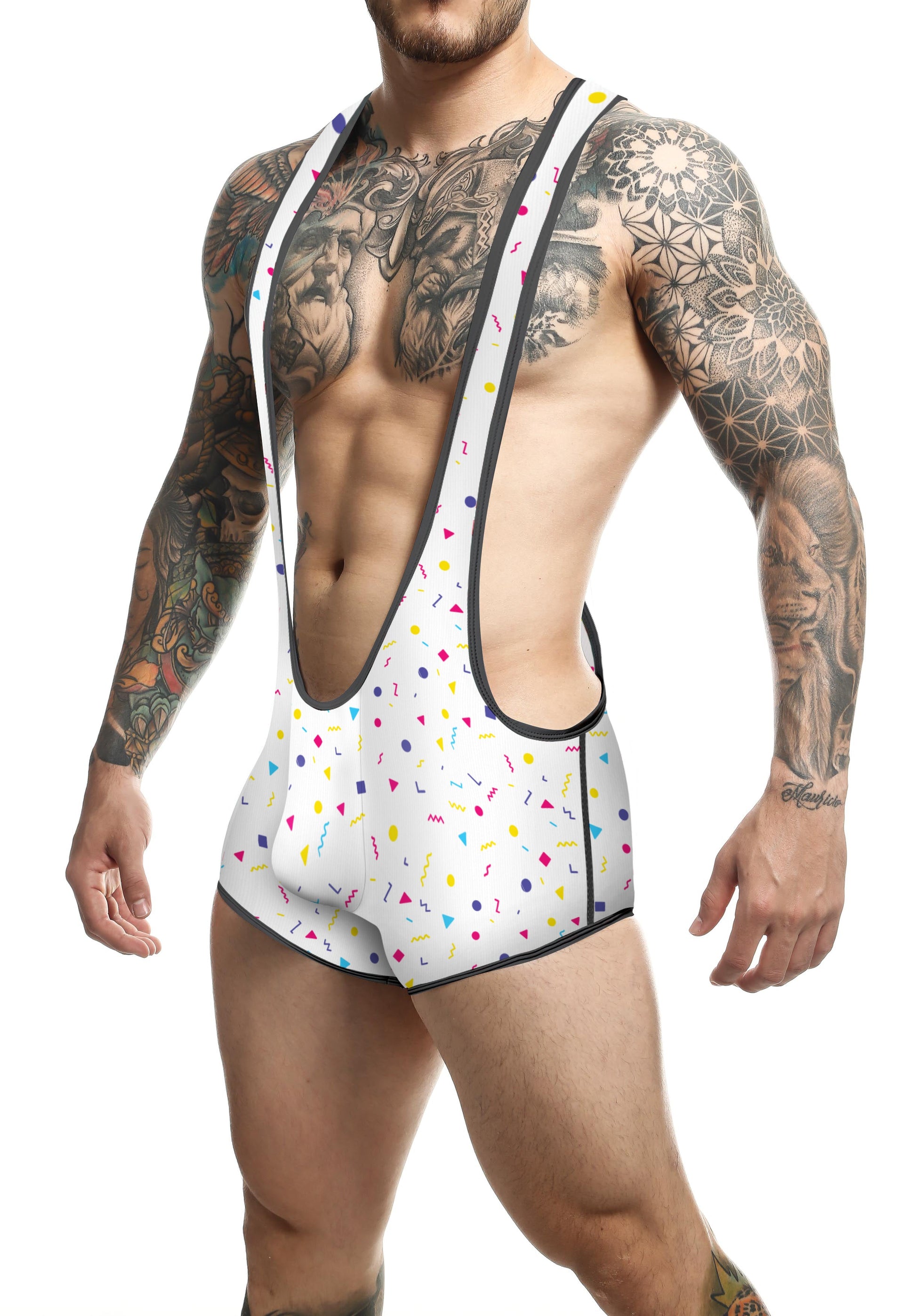 White men’s wrestling singlet mob singlet with colorful confetti pattern and black trim for sports use