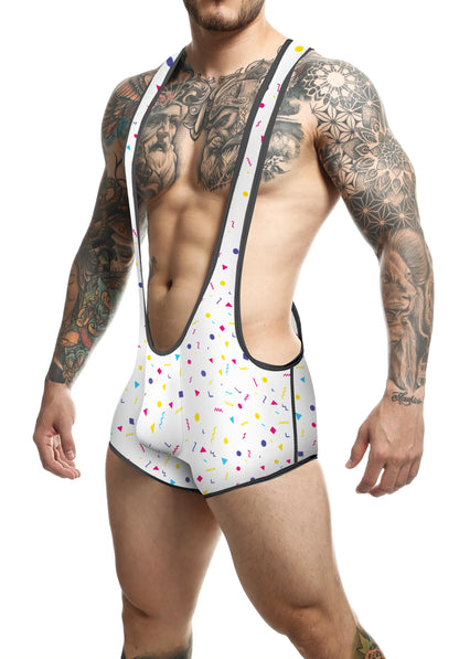 White men’s wrestling singlet mob singlet with colorful confetti pattern and black trim for sports use