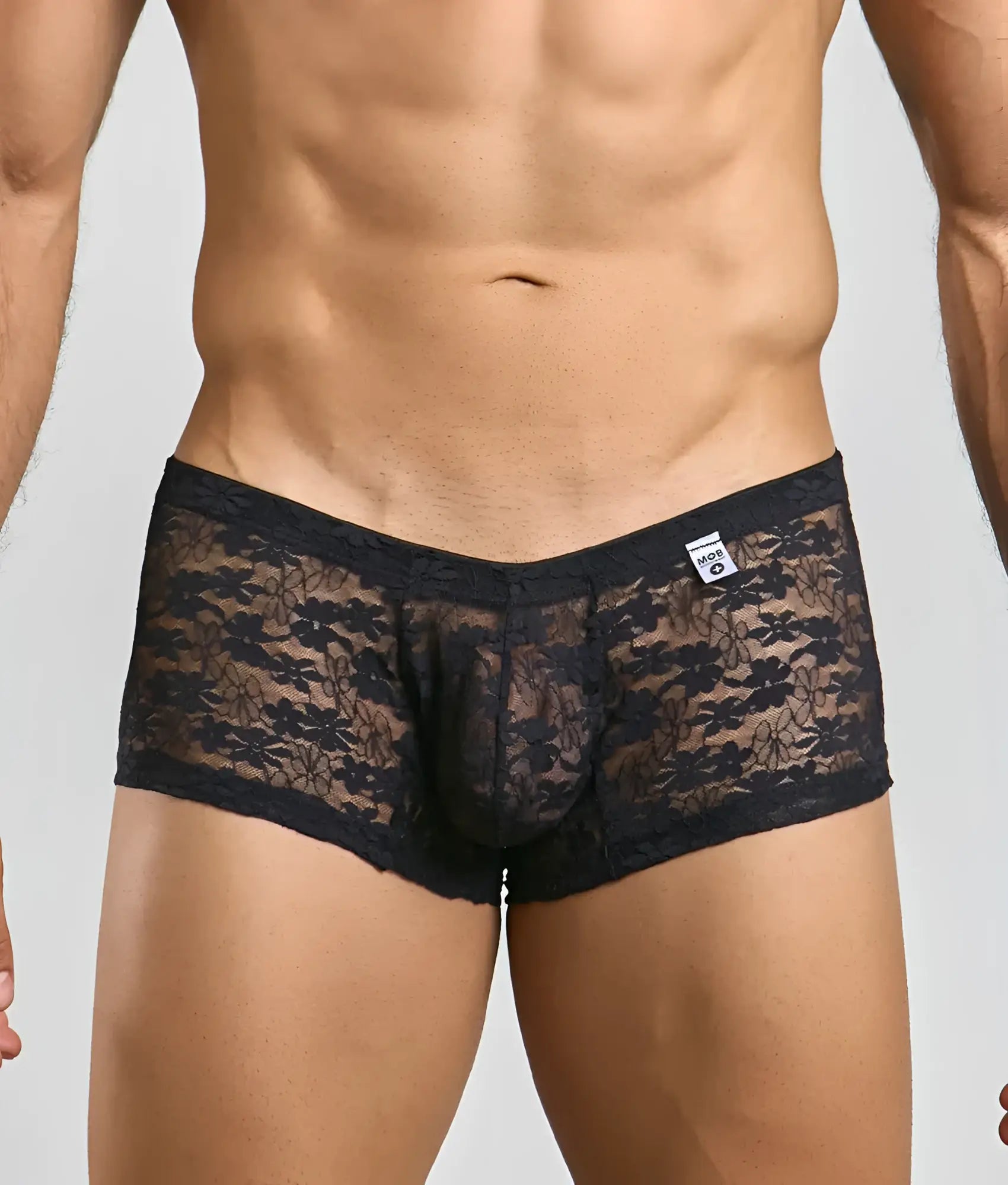 Mob men’s lace boxer black lace men’s underwear with floral pattern and elastic waistband front view