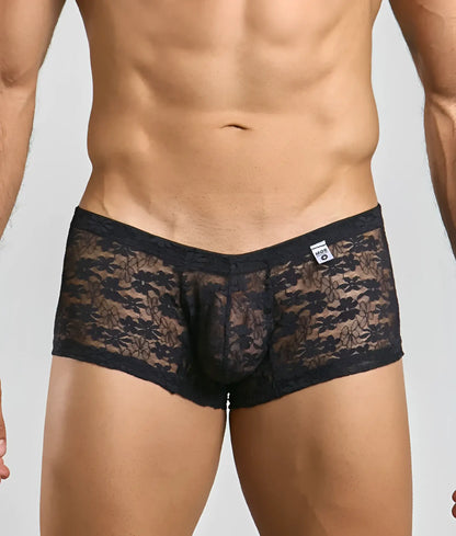 Mob men’s lace boxer black lace men’s underwear with floral pattern and elastic waistband front view