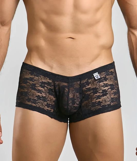 Mob men’s lace boxer black lace men’s underwear with floral pattern and elastic waistband front view