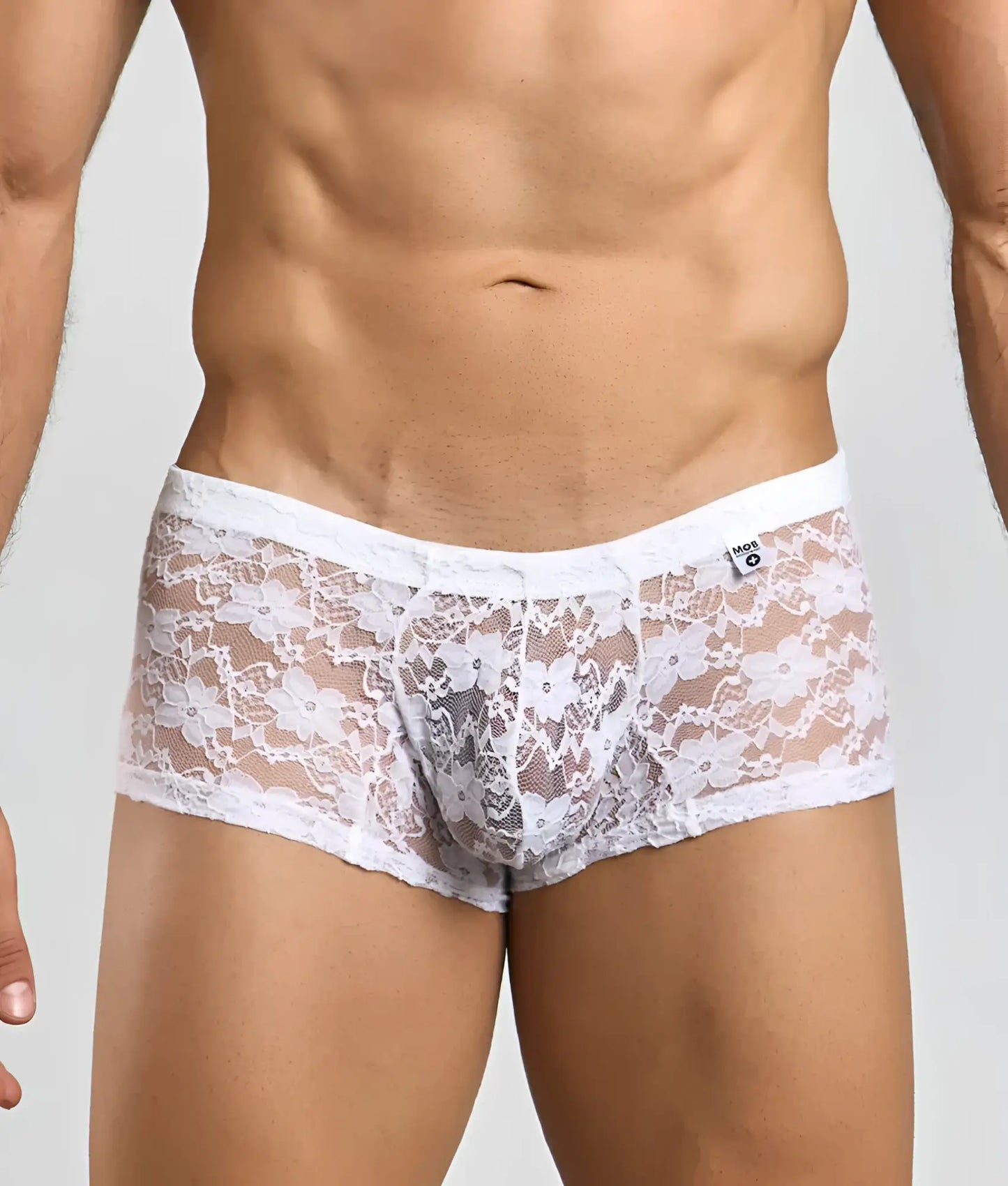 White lace mens underwear with floral pattern and sheer mesh detailing from mob mens lace boxer collection