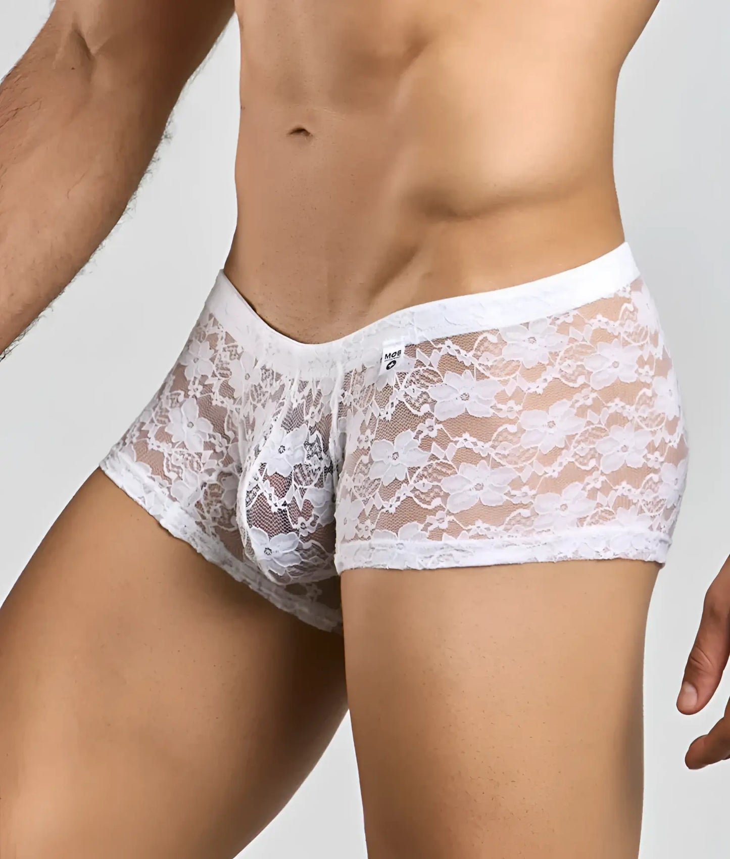 MOB men’s lace boxer in white lace with floral pattern and elastic waistband for comfortable fit