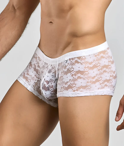 MOB men’s lace boxer in white lace with floral pattern and elastic waistband for comfortable fit