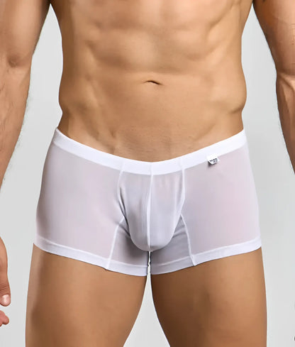 Mob men’s lace boxer white sheer mesh briefs with solid waistband and subtle stitching details front view