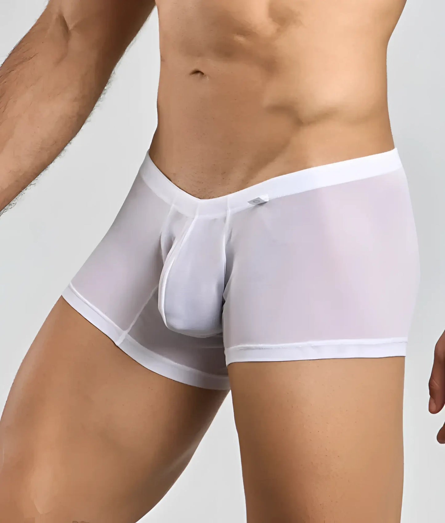 White sheer men’s lace boxer briefs with solid white waistband and leg openings showing the front side