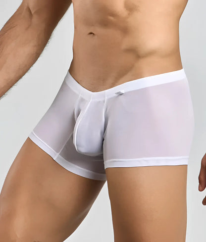 White sheer men’s lace boxer briefs with solid white waistband and leg openings showing the front side