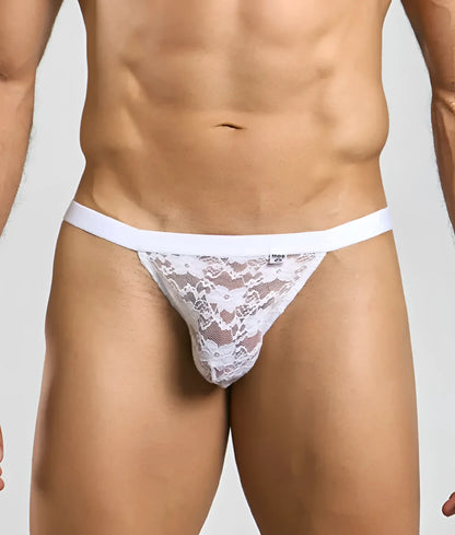 White lace thong jockstrap with solid white waistband featuring mesh and lace detailing in a sexy design