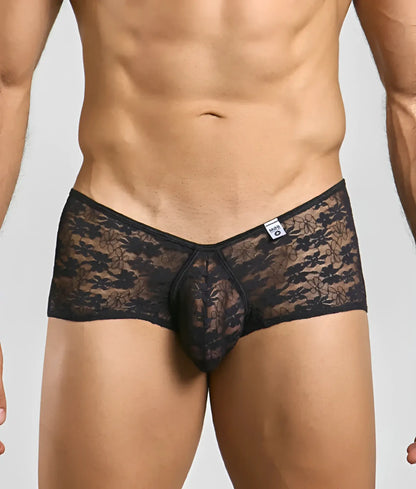 Black lace men’s underwear mob loop cheeky trunk with floral pattern and central pouch design