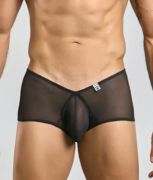 Black sheer mesh mob loop cheeky trunk briefs with solid black waistband and front panel for comfortable wear