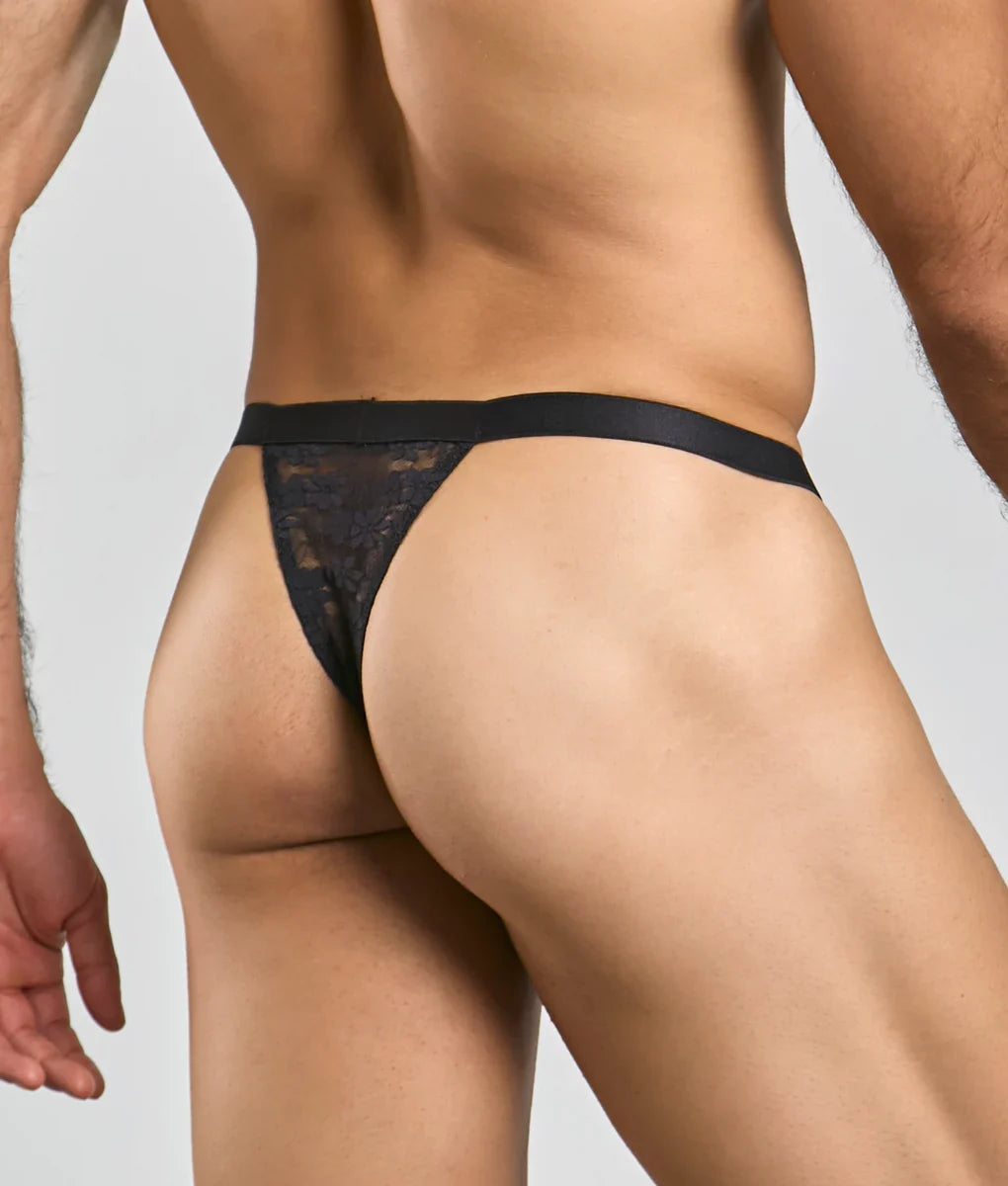 Black lace thong with solid waistband showing the back side in the mob y sexy thong product image