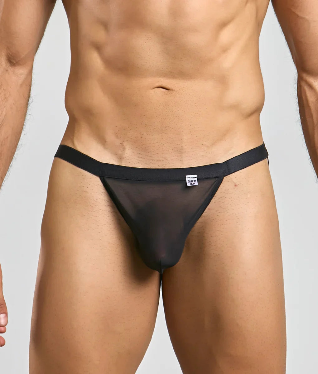 Black sheer mesh thong with solid black waistband by MOB Y sexy thong shown from the back side
