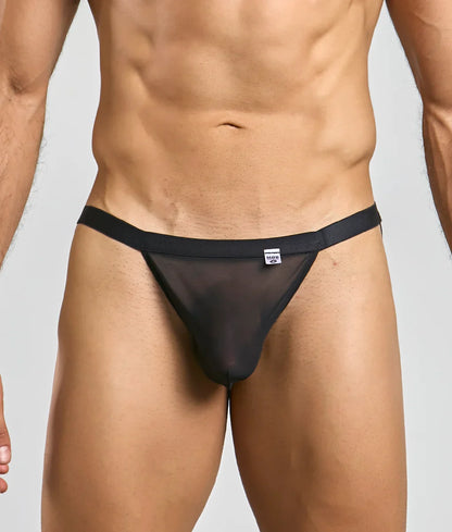 Black sheer mesh thong with solid black waistband by MOB Y sexy thong shown from the back side