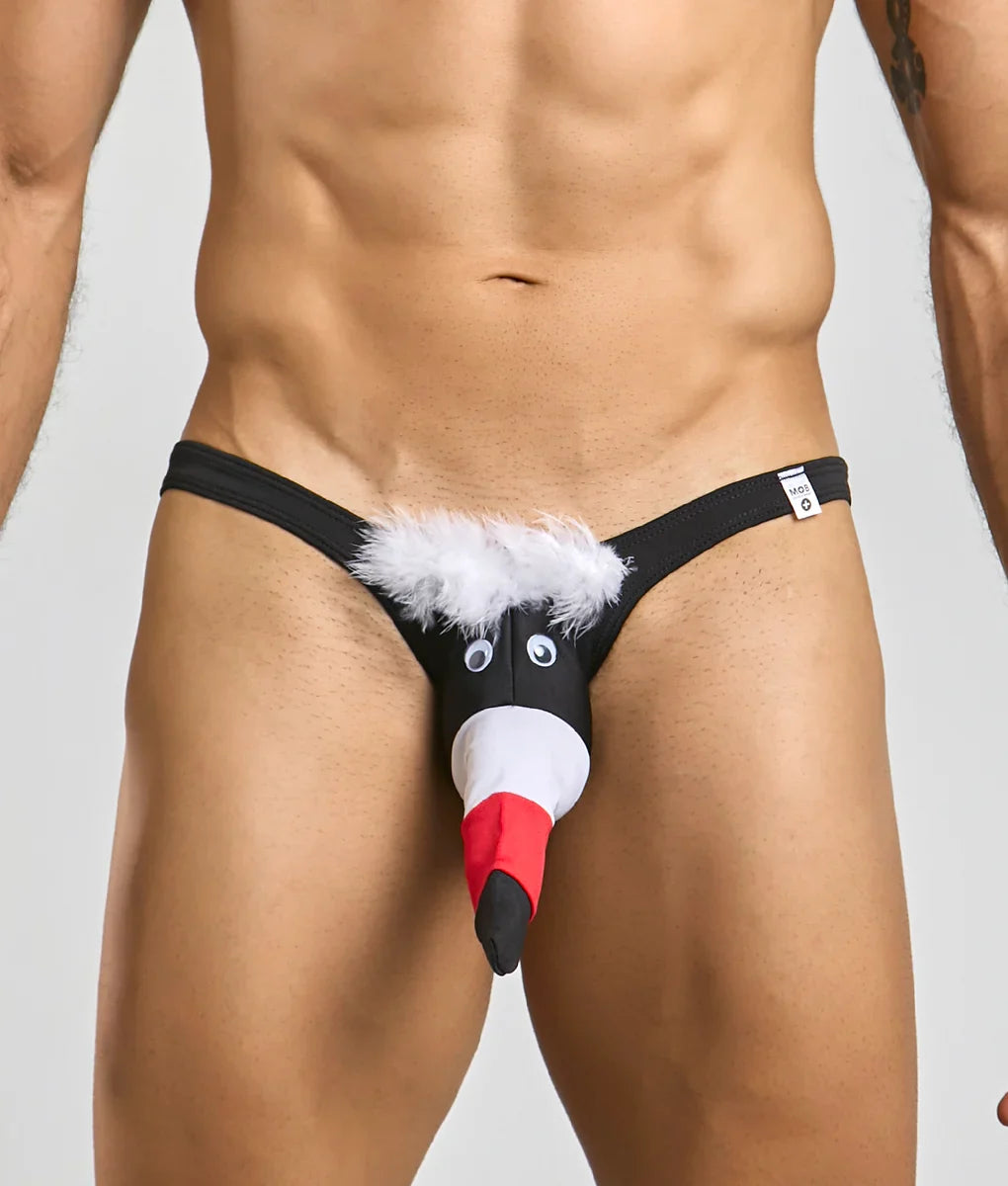 Black novelty thong for men with cartoon penguin design white fluffy trim red and black beak and googly eyes