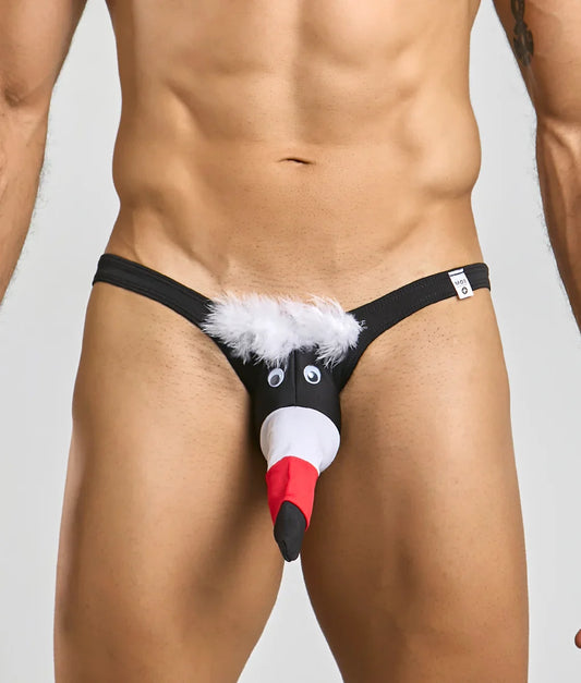 Black novelty thong for men with cartoon penguin design white fluffy trim red and black beak and googly eyes