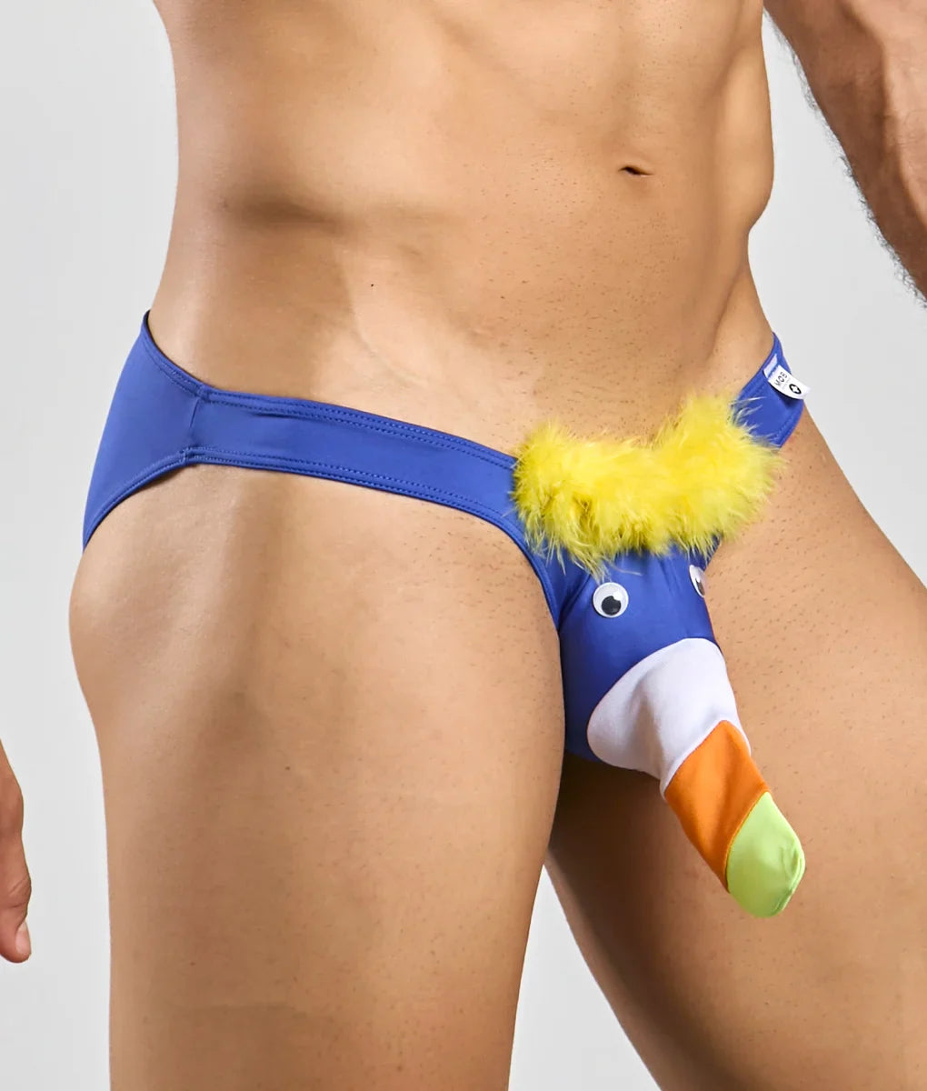 Blue toucan bikini for men featuring cartoon duck design with yellow feather trim white orange beak and googly eyes
