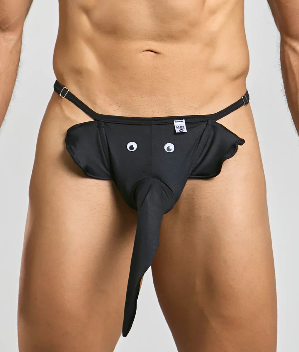Black elephant thong with googly eyes, long trunk, and adjustable straps designed for playful intimate wear
