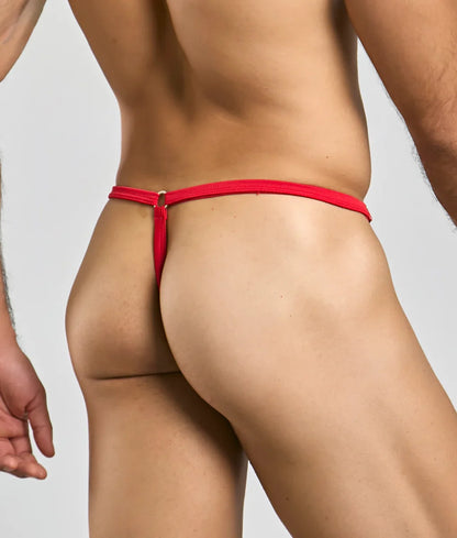 Back view of red elephant thong with thin smooth fabric waistband and small metallic clasp at the back