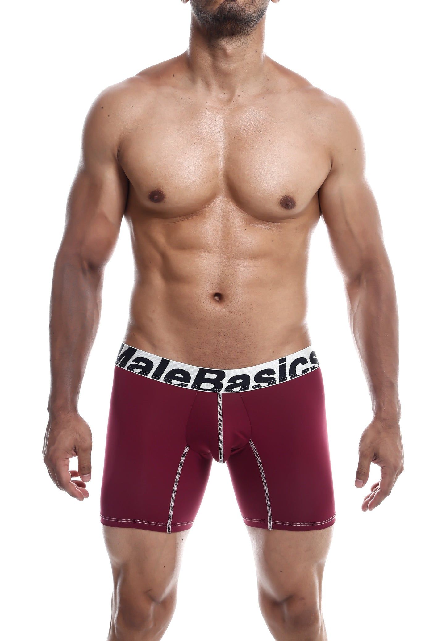 Malebasics microfiber boxer briefs in maroon with white elastic waistband and contrasting stitching visible from the front