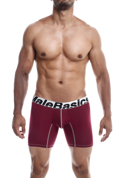 Malebasics microfiber boxer briefs in maroon with white elastic waistband and contrasting stitching visible from the front