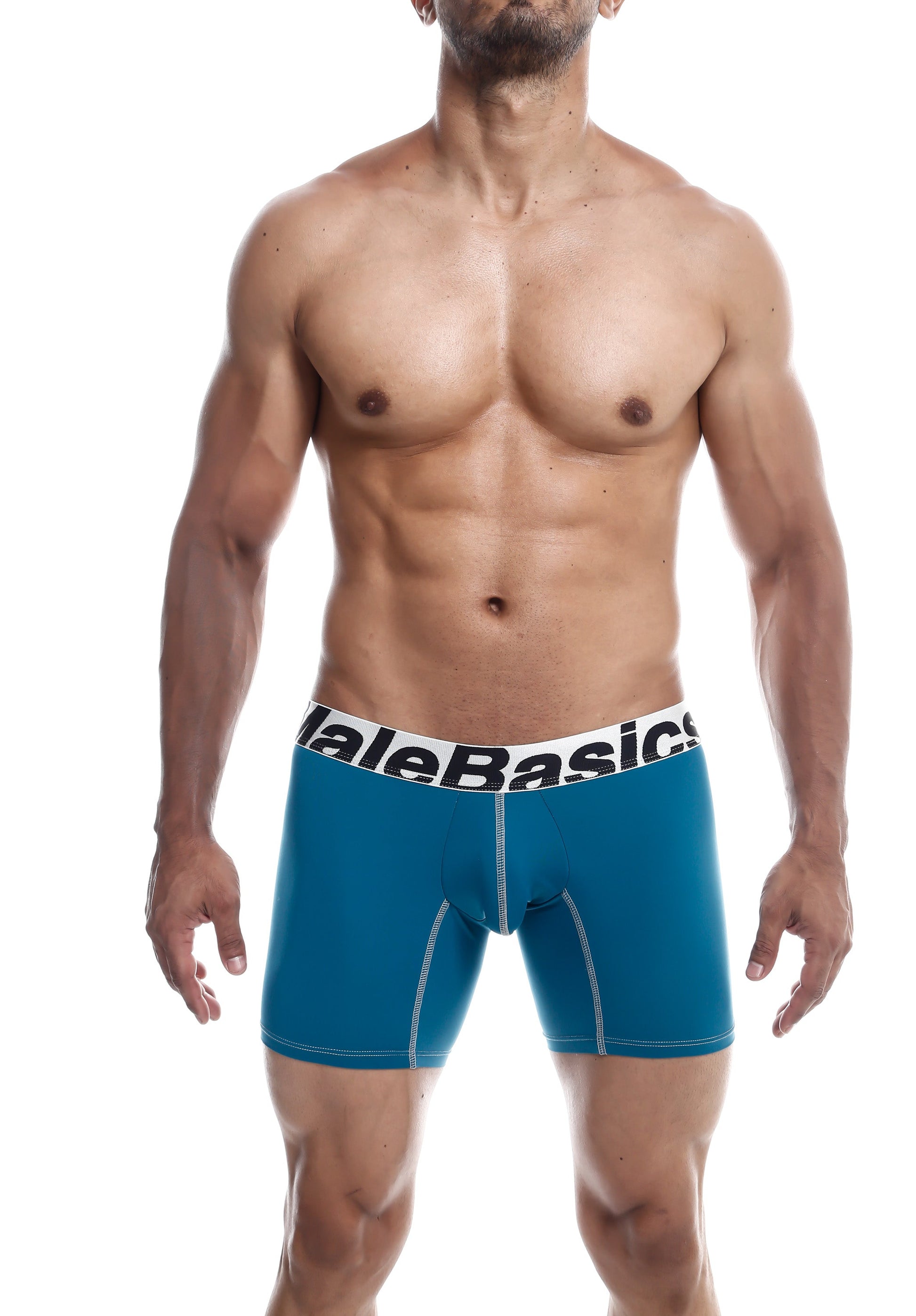 Blue men’s microfiber boxer briefs with a white malebasics logo waistband for comfortable everyday wear