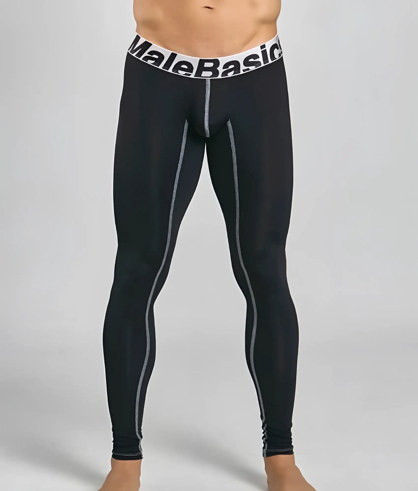 Black malebasic microfiber longjohn compression leggings with gray side panels and white waistband with brand name