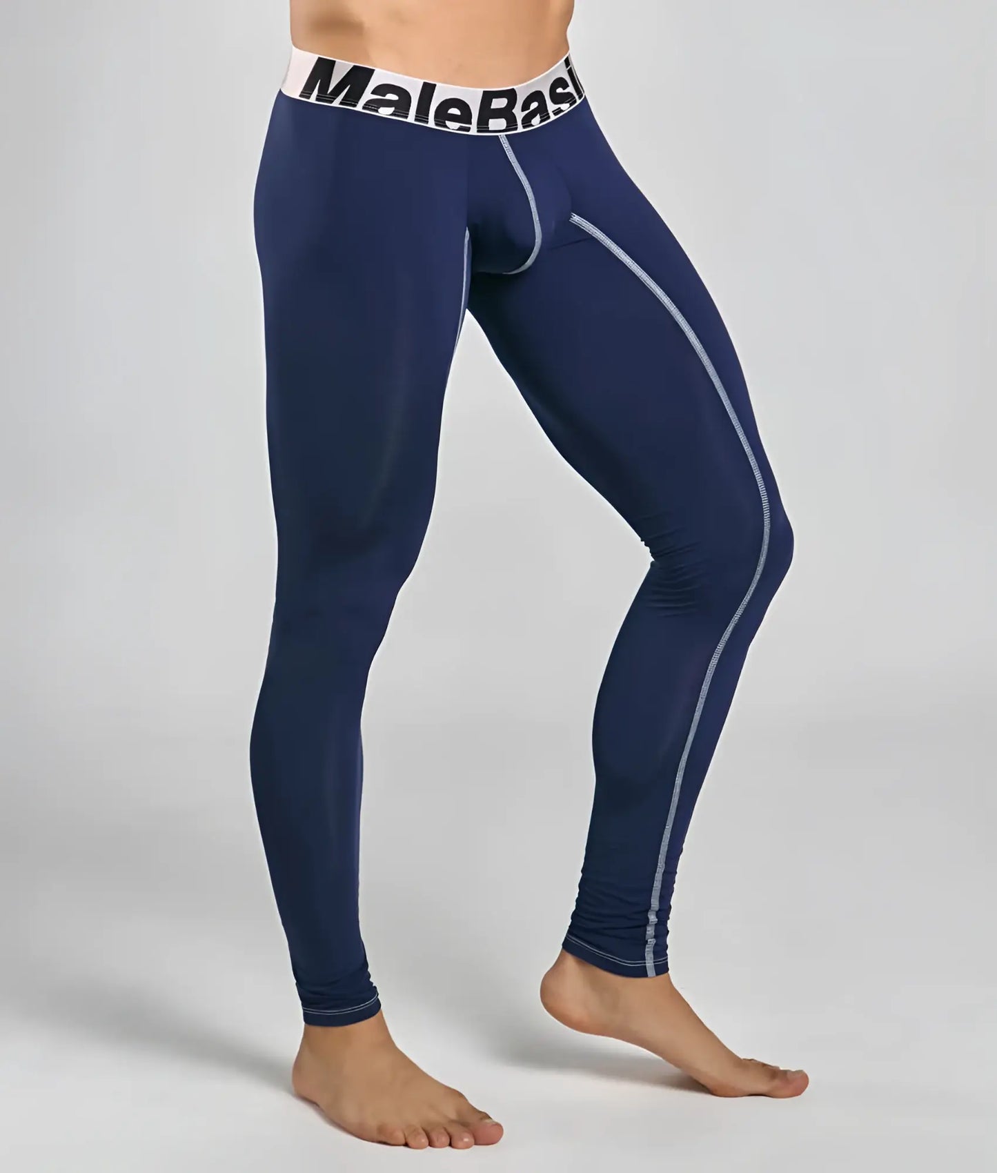 MaleBasics microfiber longjohn navy blue compression leggings with white trim and stitching details