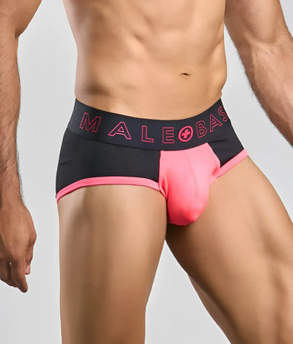 Black and pink malebasics neon brief with mesh waistband and bright pink male plus base logo for athletic wear
