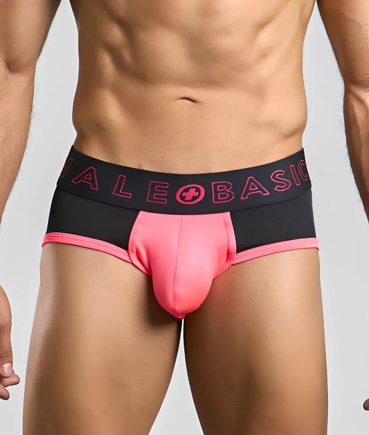 Black and pink male briefs with neon pink ale basic logo on waistband from MaleBasics neon brief collection
